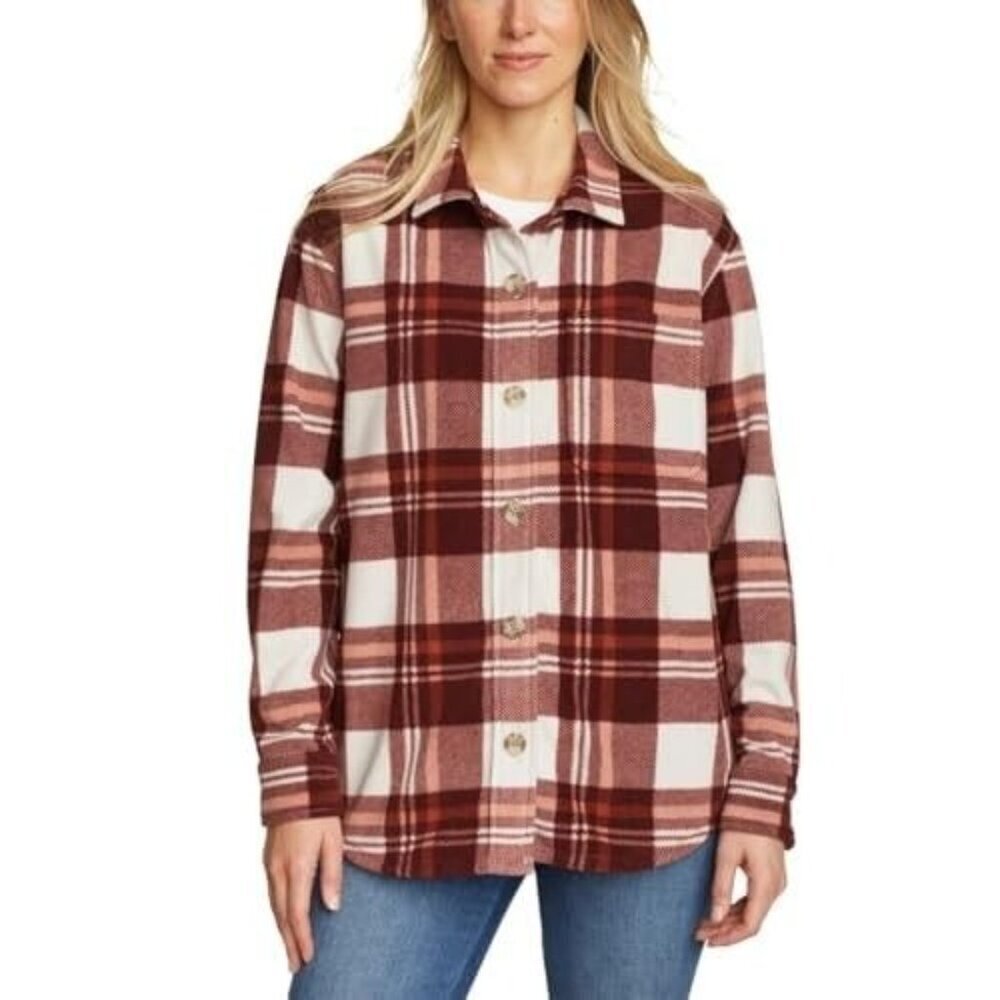 Eddie Bauer Womens Brown Plaid Microfleece Button Up Shirt Classic Fit NEW Small